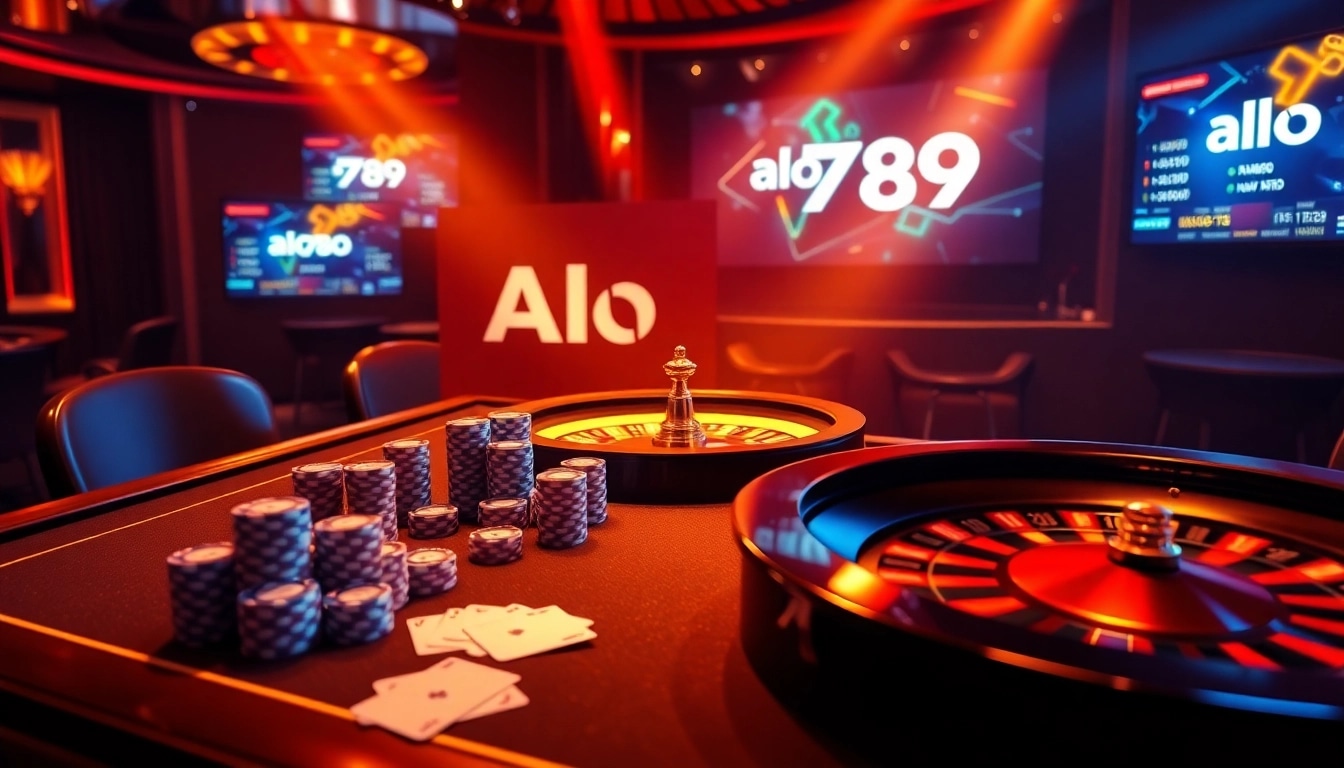 Alo 789 offers an exciting online gaming experience with a luxurious casino atmosphere featuring poker chips and cards.