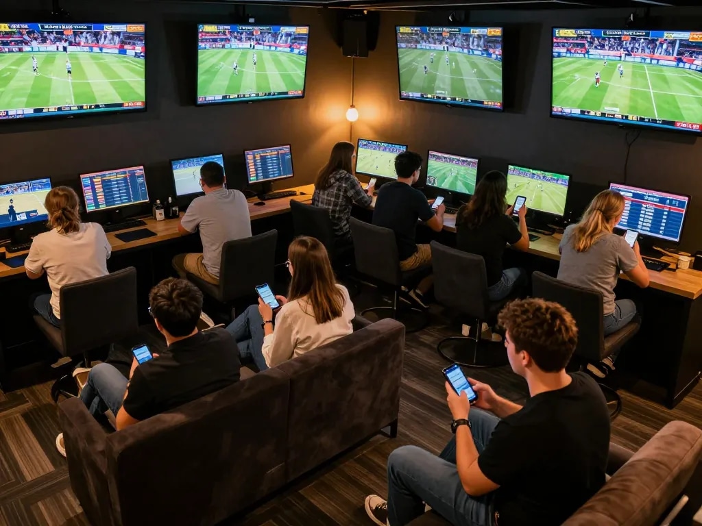 Engaging in live sports betting at fly88, showcasing active bettors with smartphones in a vibrant lounge.