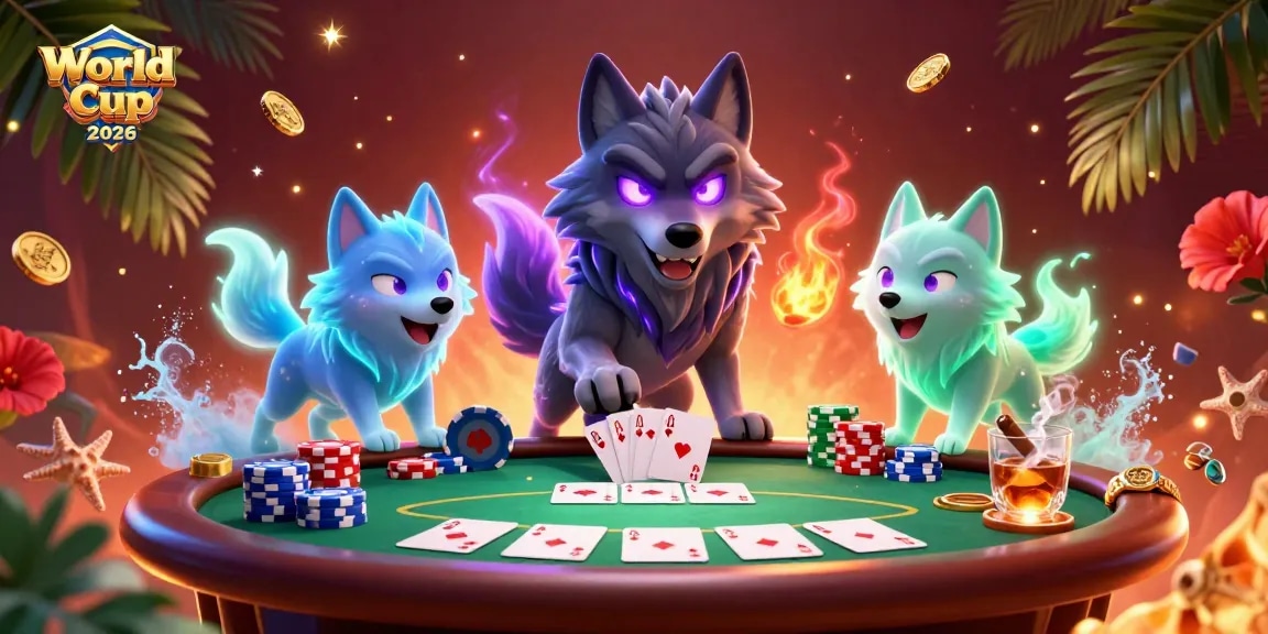 Experience the World Cup 2026 with dynamic poker action featuring a ghostly wolf pack at a vibrant game table.