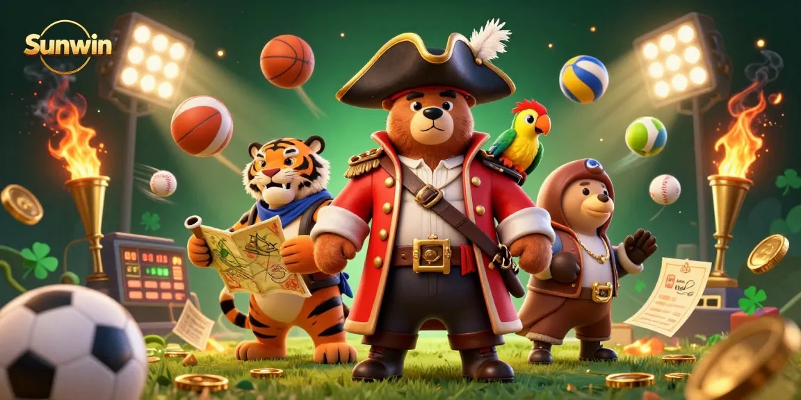 Bet big with Sunwin while diving into a dynamic scene of a pirate captain and tiger exploring thrilling sports games.