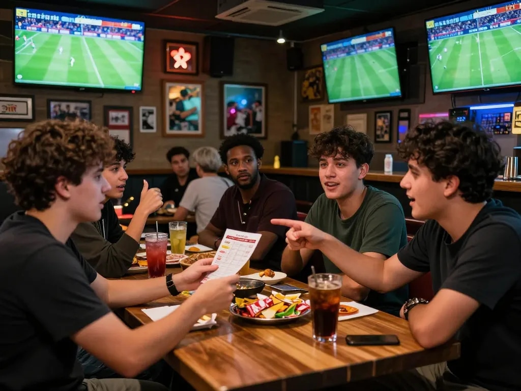Tỷ lệ kèo nhà cái excitement at busy sports bar with friends engaged in betting discussions