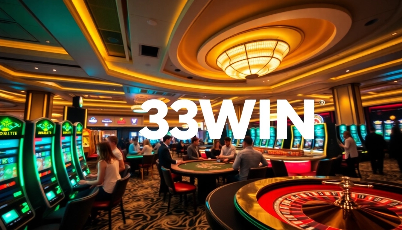Players enjoying high-stakes games at 33WIN casino with vibrant gaming tables and bright slot machines.