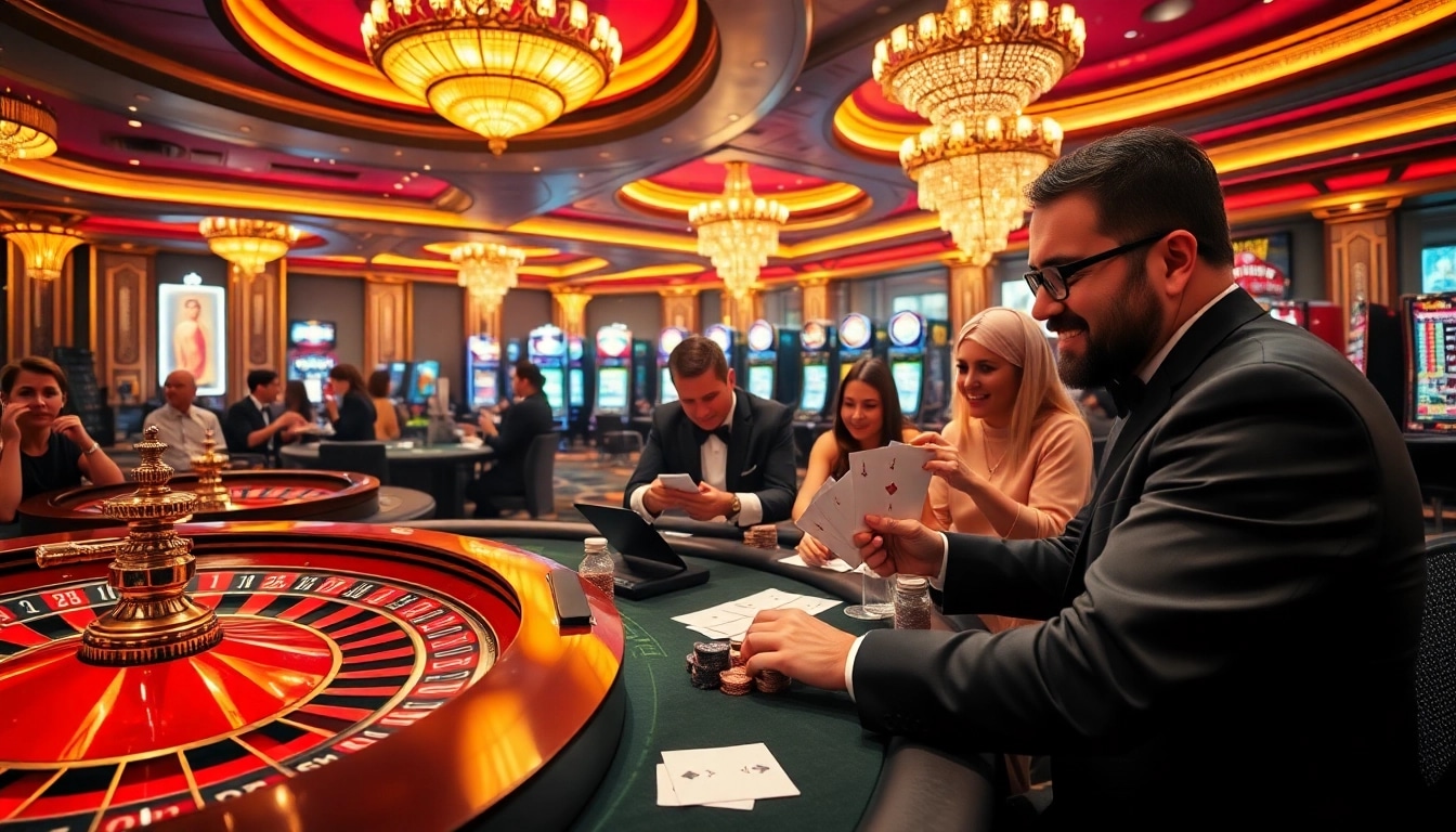 Win55 fun gaming scene with players enjoying poker and roulette in a luxurious casino setting.