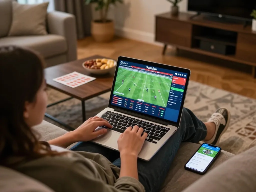 Socolive streams live football, showcased in dynamic sports betting scene with laptop and snacks.