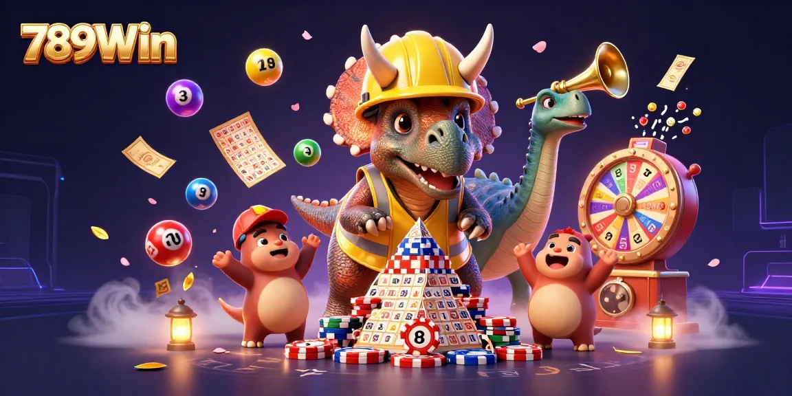 Join the fun at 789Win with 3D triceratops celebrating winning moments in casino games.