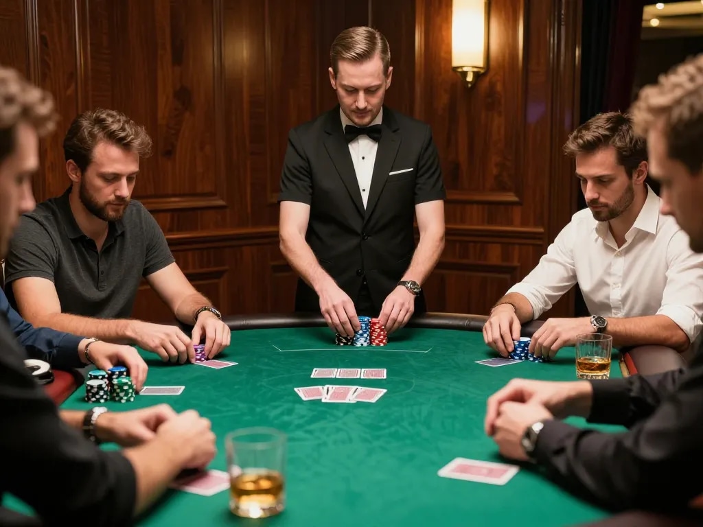 Players engaging in a high-stakes poker game at QQ88's exclusive VIP room, showcasing luxury and strategy.