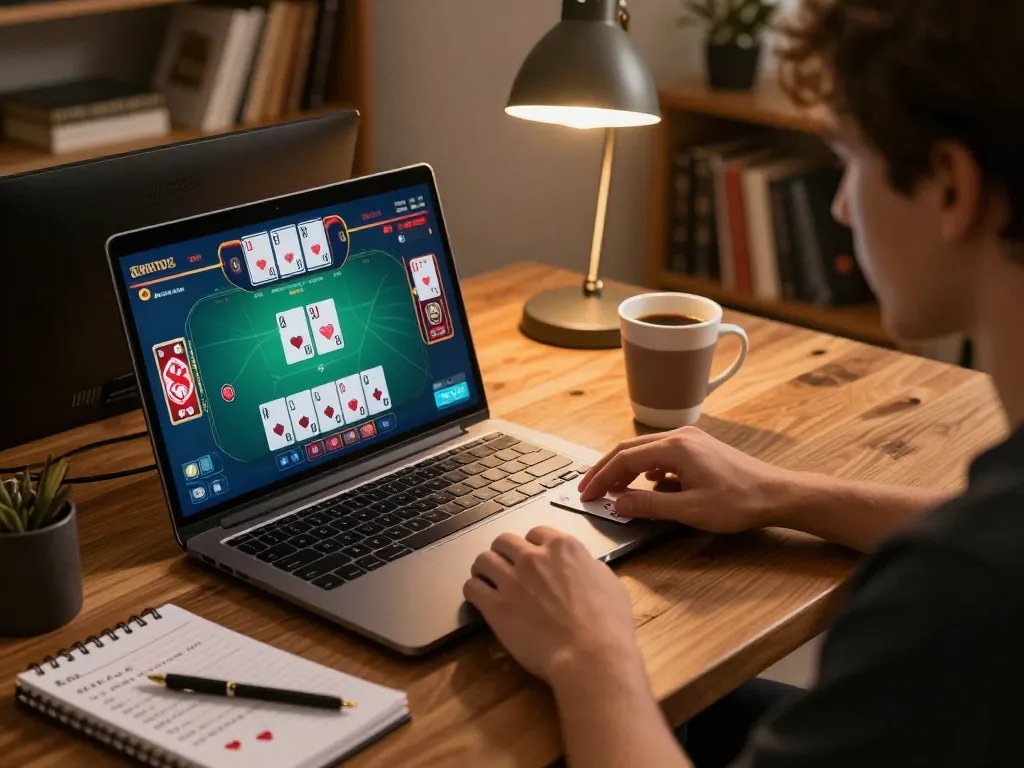 Playing blackjack on an online open88 casino, focusing on strategy with a laptop and notes.