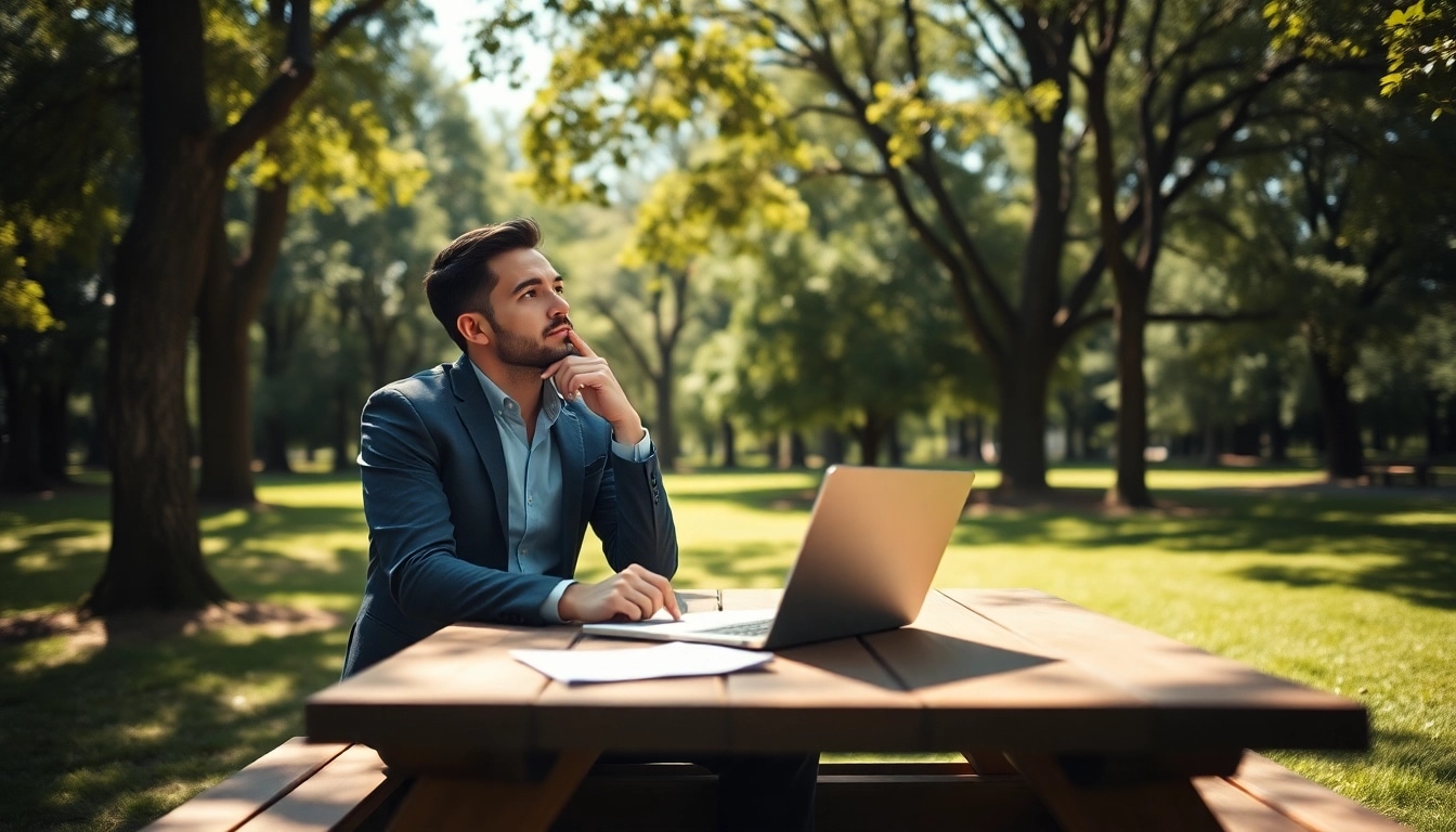 Individual pondering how to find my perfect career in a peaceful park setting.