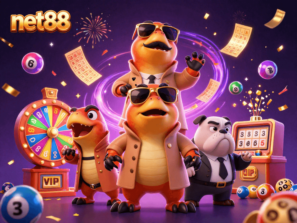 Experience net88 excitement with raptors sneaking into a casino amidst vibrant bingo and lottery elements.