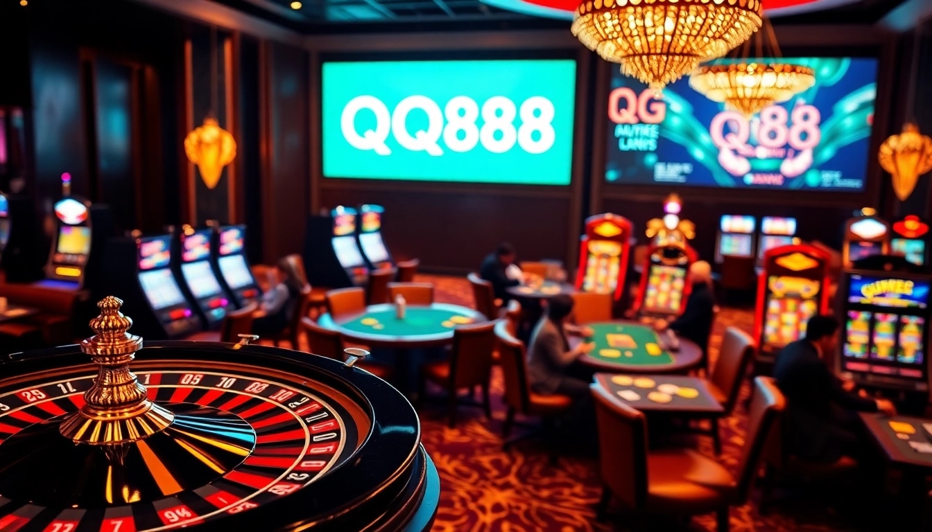 Engaging gamblers at a vibrant casino with QQ88 link displayed prominently.