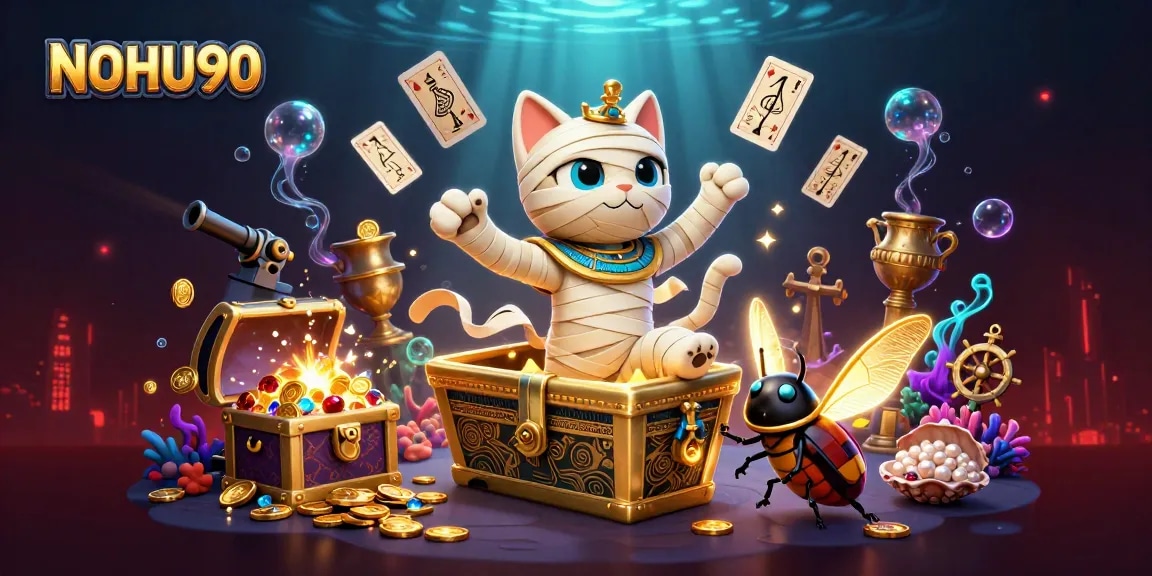 Experience huge wins with NOHU90's vibrant casino illustration featuring a mummy cat and scarab companions.