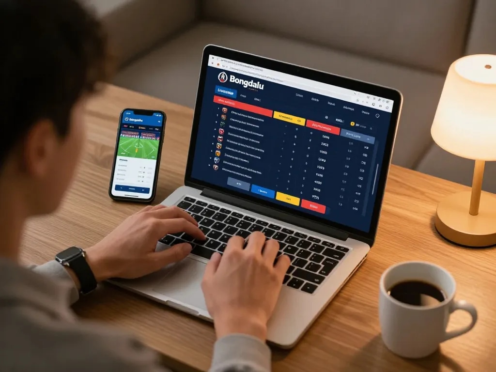 Bongdalu user's engaging with live sports betting information on laptop, showing responsible gambling.