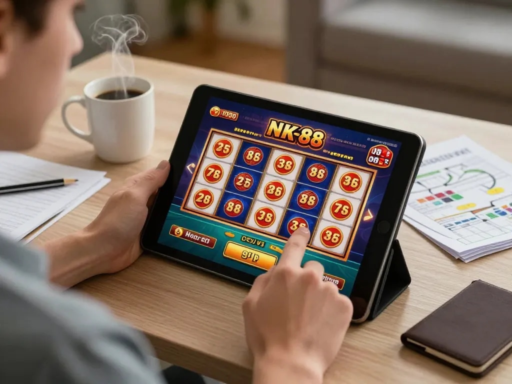 Player engaging in online casino gaming at NK 88 on a tablet, showcasing excitement and comfort.