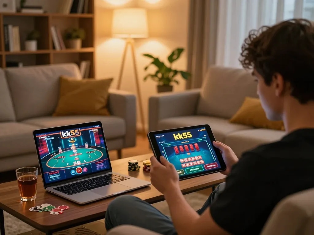 Engaging in online gambling with kk55 casino app at home, cozy setting with tablet and snacks.