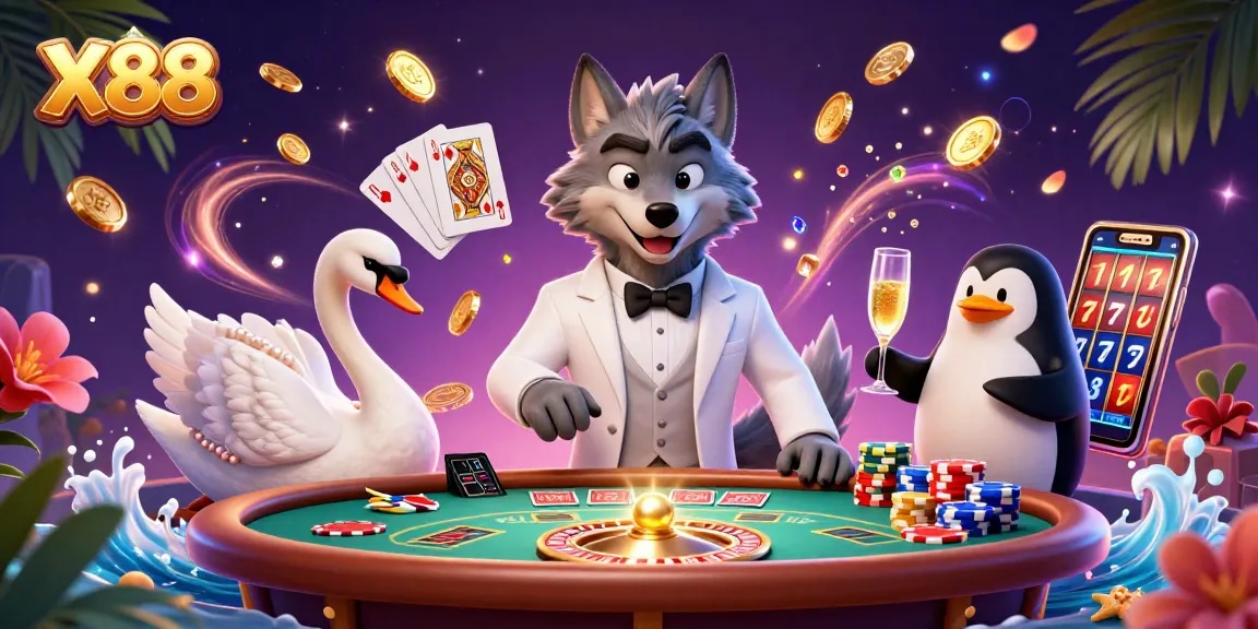 Win big at X88 with this vibrant casino scene showcasing a variety of gambling elements.