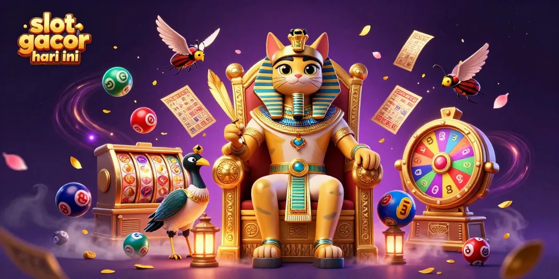 Engage with slot gacor hari ini featuring a charming Egyptian pharaoh cat enjoying a golden throne amidst dynamic gaming elements.