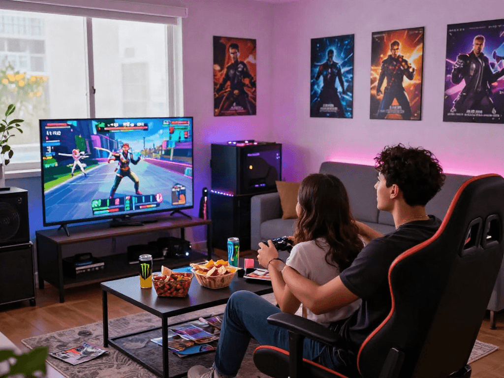 Interactive adult game session in a cozy living room with snacks and vibrant lighting.