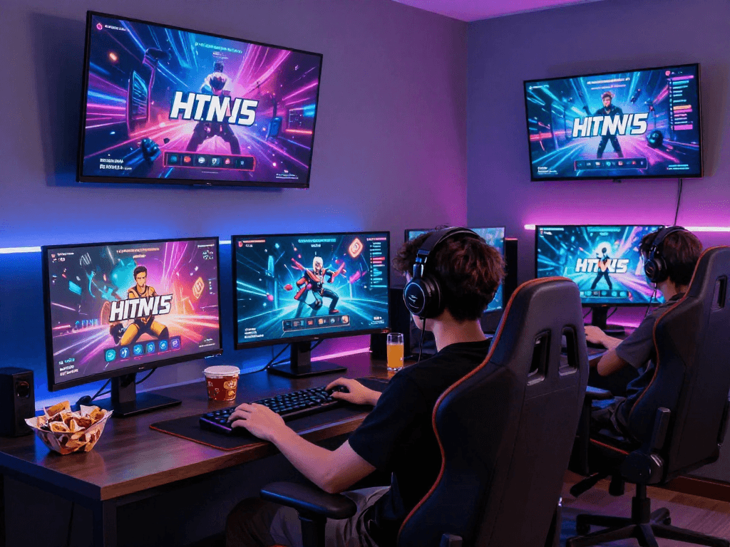 Exciting HTML5 porn games gameplay in a modern gaming setup featuring vibrant screens and immersive atmosphere.