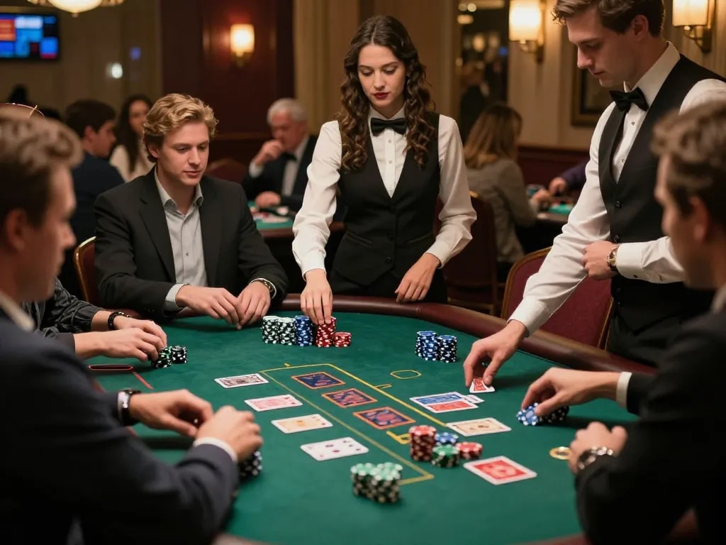 Players enjoying a dynamic blackjack game at cm88 bookmaker, showcasing strategy and excitement in an upscale casino setting.