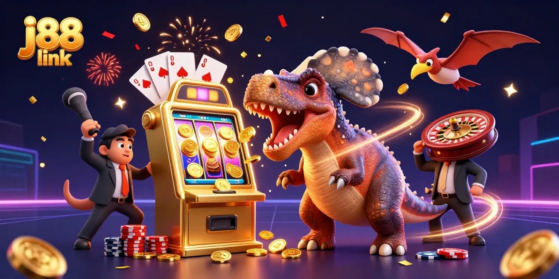 Engage with thrilling j88 link action as a pachycephalosaurus dominates a golden slot machine, capturing jackpot coins amidst dynamic casino chaos.