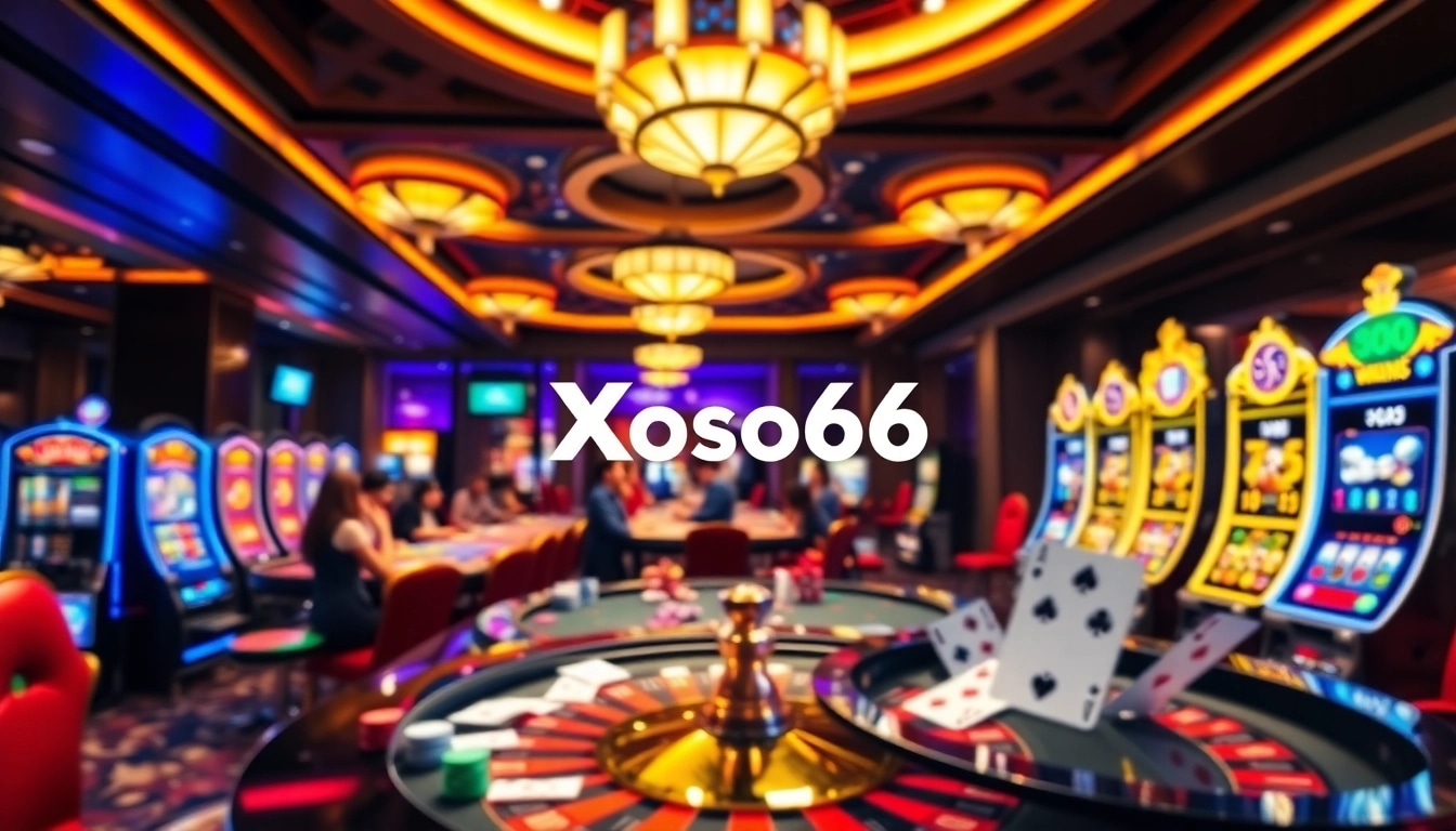 Xoso66 players engaging at a vibrant casino table, surrounded by colorful chips and cards, enjoying their gaming experience.