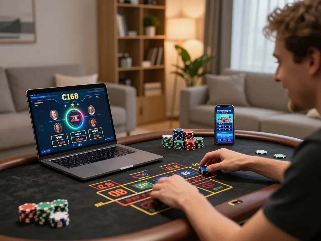 Excited user engaging with the C168 online casino game on their laptop in a cozy living room