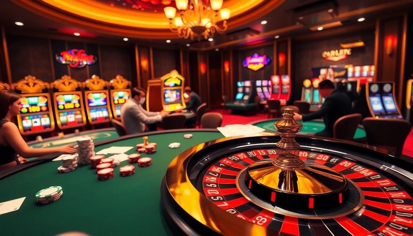 Players enjoying a thrilling game at the luxurious 789f.com online casino, featuring roulette and cards.