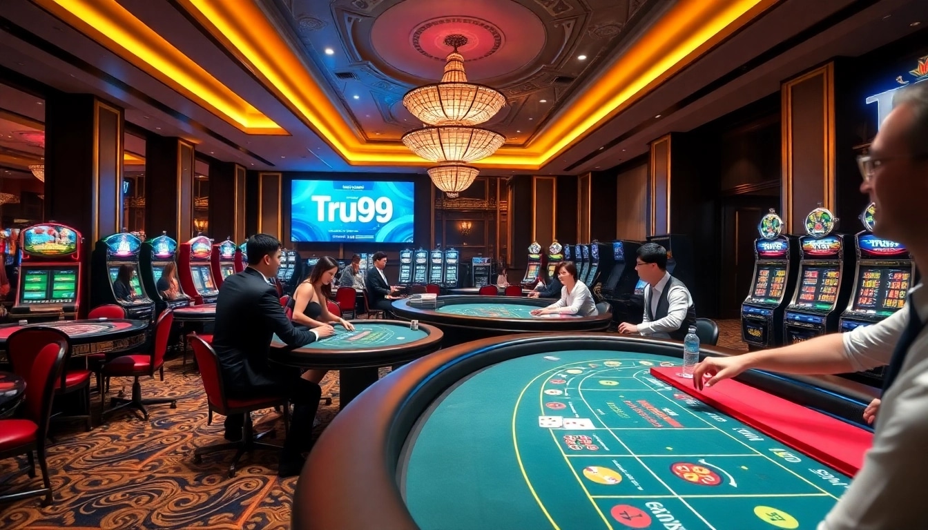สัมผัสบรรยากาศที่คึกคักของคาสิโน Tru99 พร้อมผู้เล่นที่เพลิดเพลินกับบาคาร่าและเครื่องสล็อต