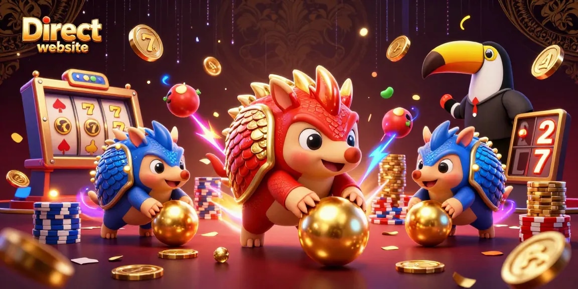 Engage in thrilling gameplay dynamics with the Direct website, featuring rival pangolins and vibrant casino elements.