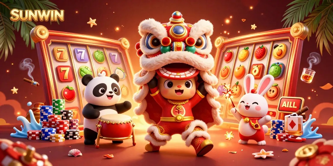 SUNWIN captures the thrill of spinning slot reels and big jackpots with festive Asian characters.