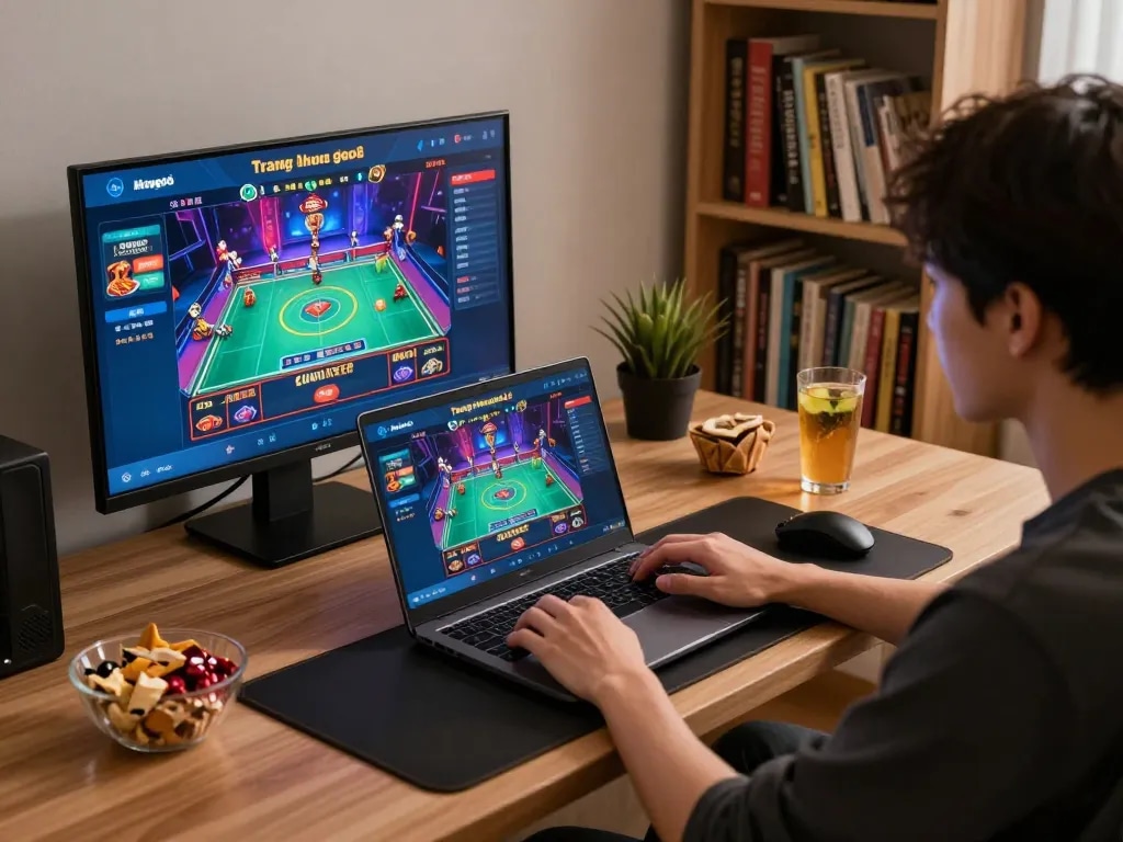Engaging scene of a player on trang chủ go8 using a laptop for online gaming, showcasing a vibrant casino interface.
