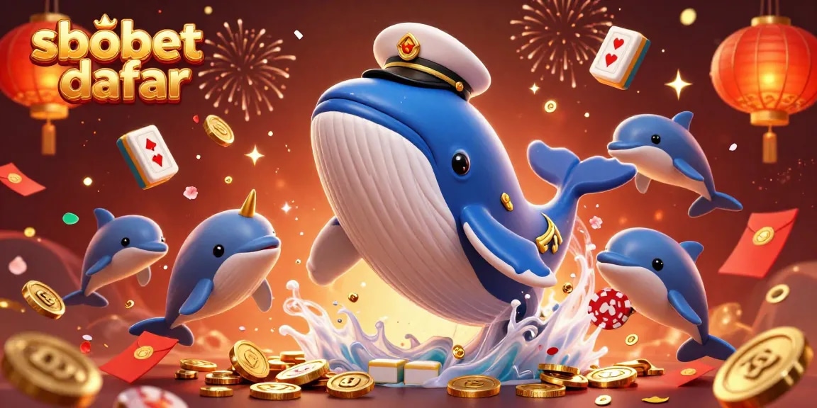 Engage with sbobet daftar for sports betting adventures featuring a whale surrounded by casino elements.