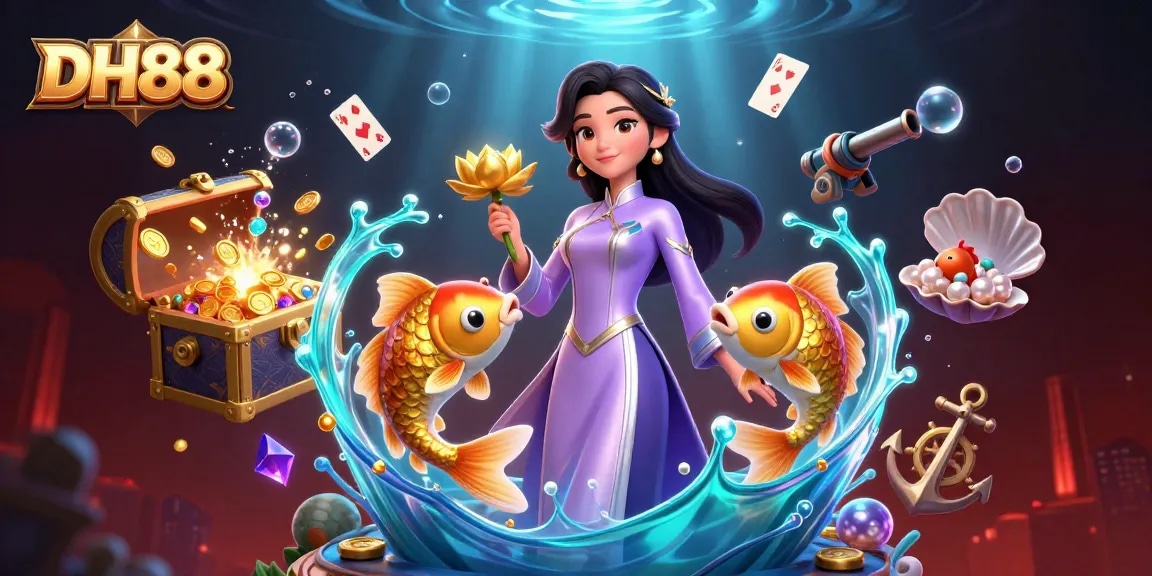 Engage with DH88's vibrant casino world through a dynamic 3D illustration featuring interactive gaming elements.