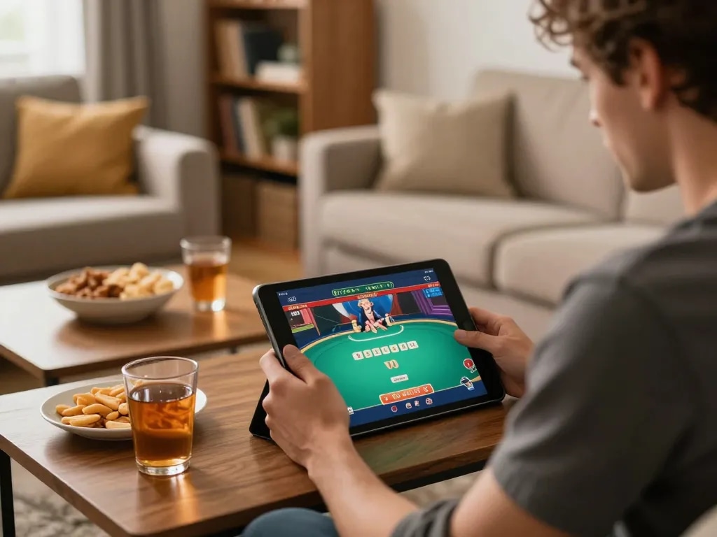 Player enjoying an exciting poker game on 98win in a warm home setting, showcasing interactive online gambling.