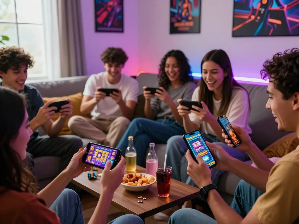 Tải hitclub with friends enjoying mobile casino games together in a cozy living room setting.