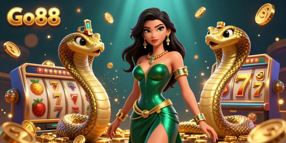 Win big with Go88's ultra-realistic casino illustration featuring a glamorous lady amidst shimmering slot machines and golden elements.