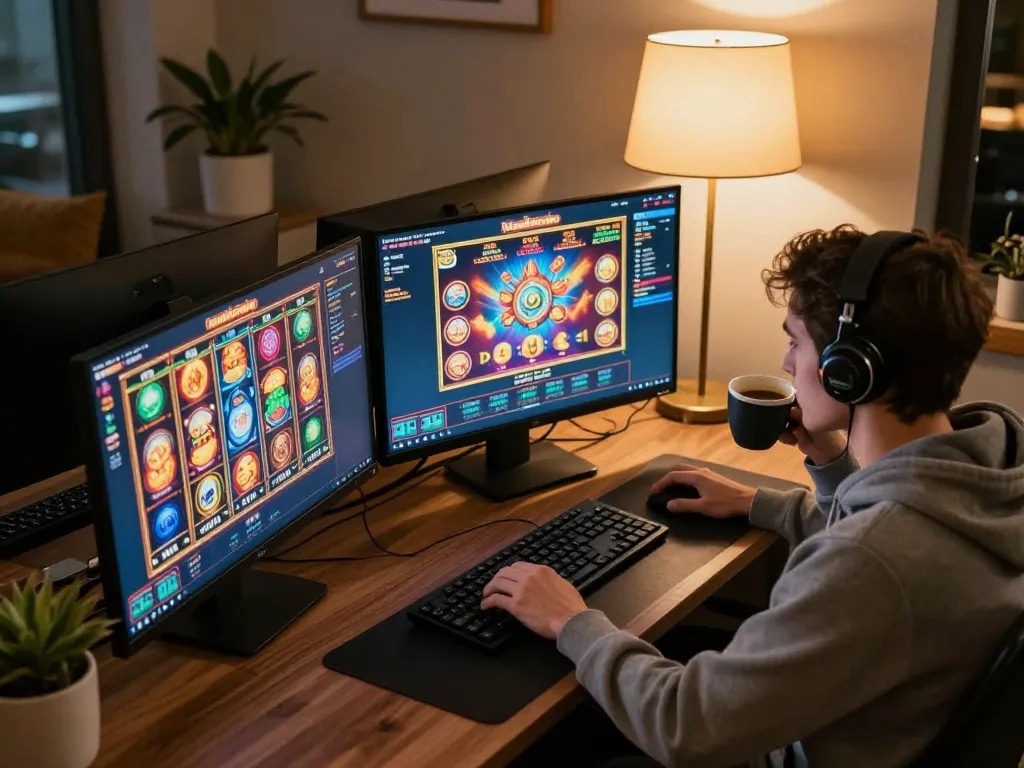 Player enjoying online slots at LV88 with vibrant game visuals and cozy atmosphere.