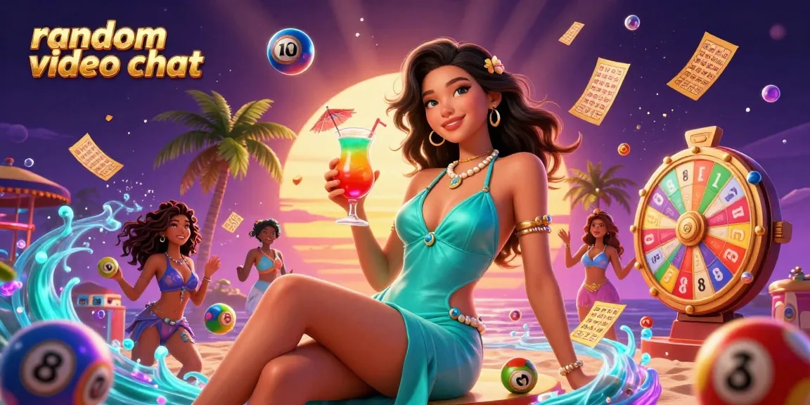 Engage in random video chat with dynamic casino-themed elements surrounding beautiful characters.