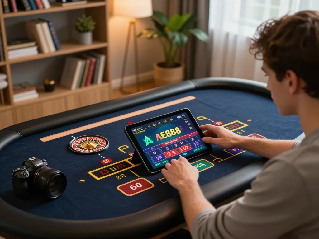 Player exploring AE888 online casino gaming on tablet in a cozy home setting.