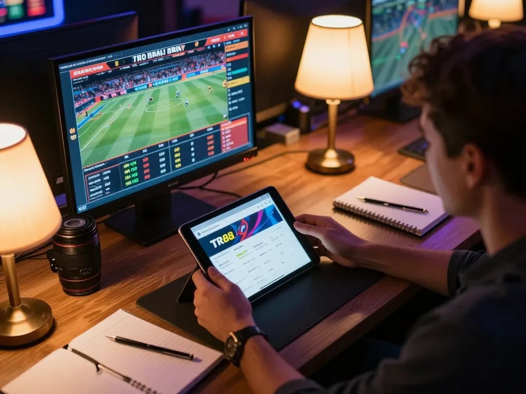 Engaging activity at TR88 bookmaker showing a person using a tablet for sports betting