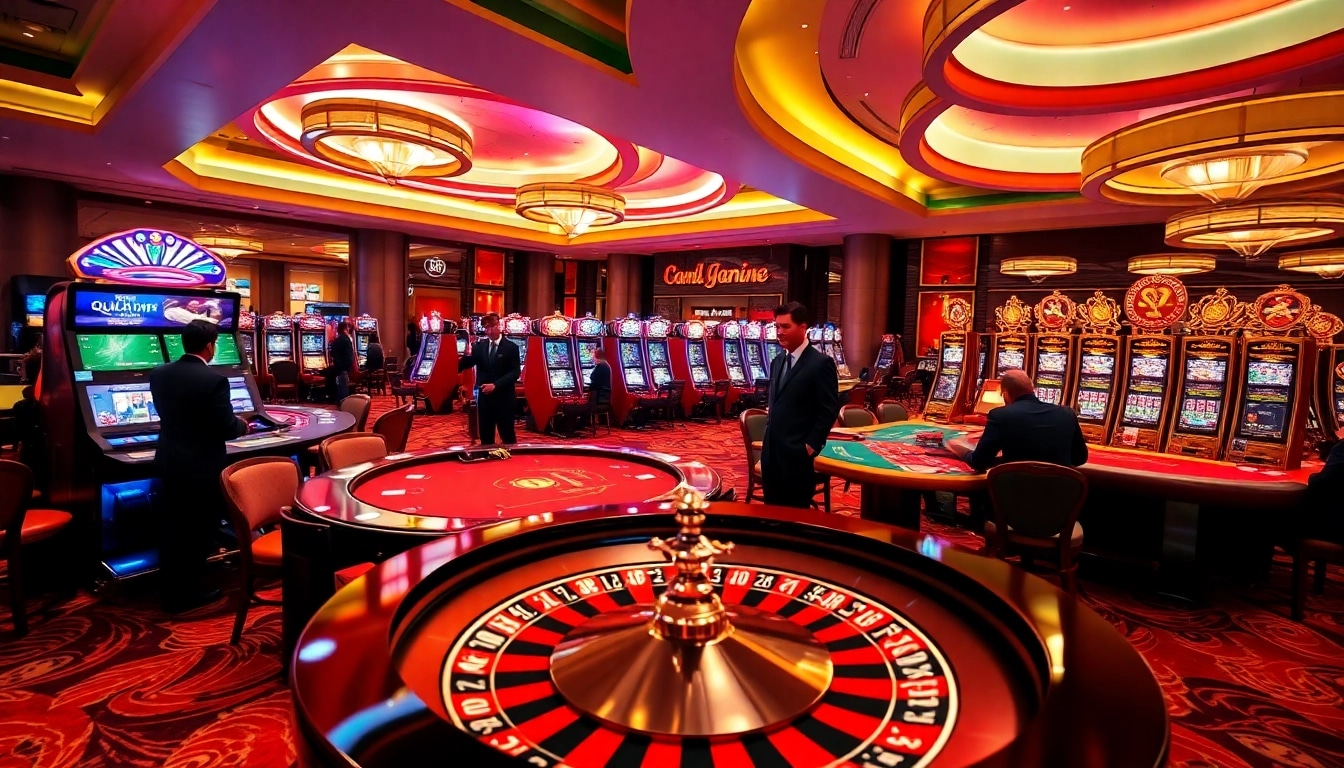 Experience the excitement of gaming at lc88.com with a vibrant casino scene featuring roulette, cards, and stylish players.
