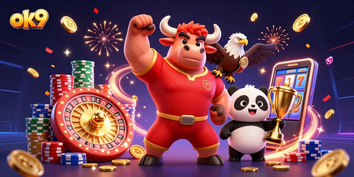 Experience thrilling action at ok9 with charismatic mascots celebrating wins in a vibrant casino scene.