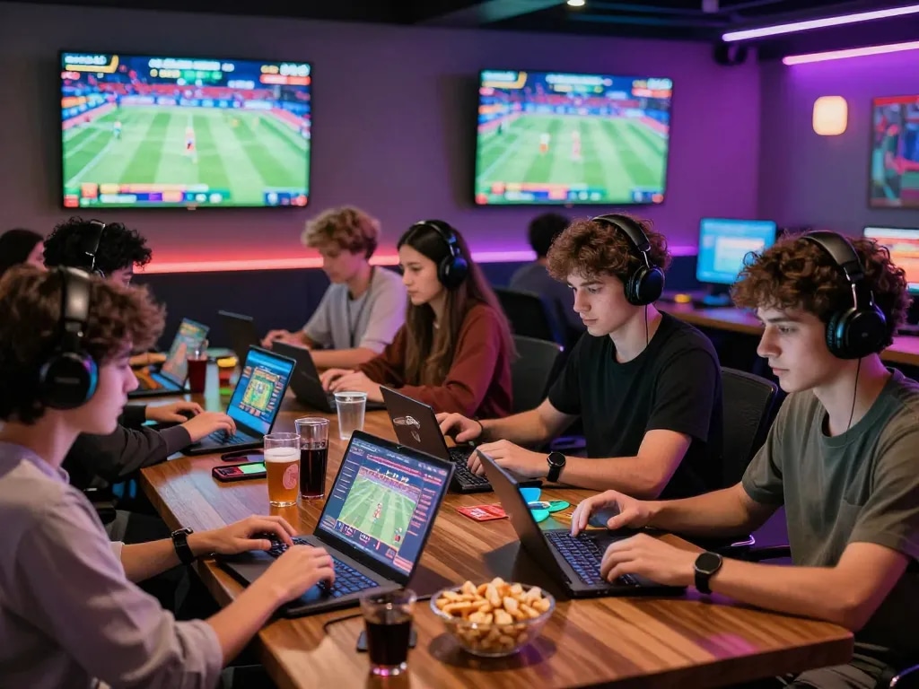 Friends enjoying tg88 online gaming in a lively entertainment lounge with vibrant lighting.