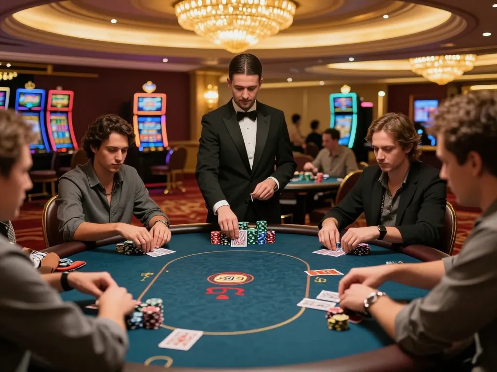 Players enjoying a strategic poker game at Rikvip, showcasing engaging gameplay and luxury casino decor.