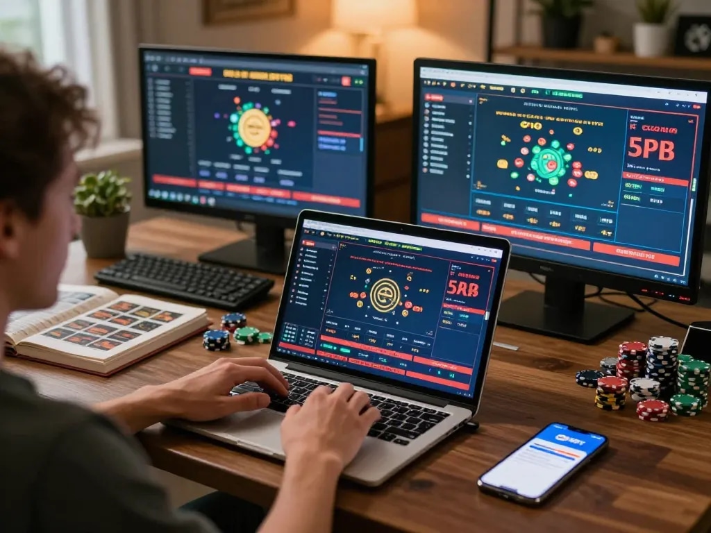 Engaged player exploring SHBET .COM while strategizing on a laptop with immersive gaming setup