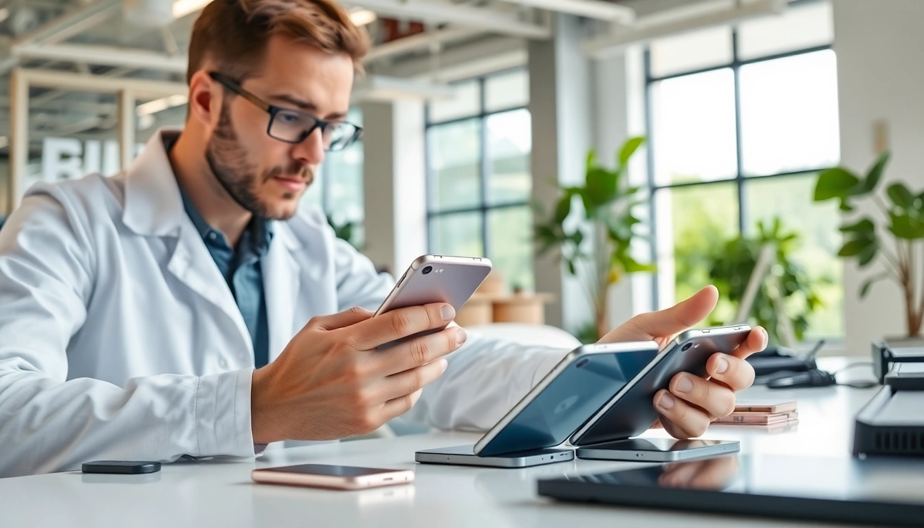 Sell iPhone For Cash with a professional examining devices in a bright office.