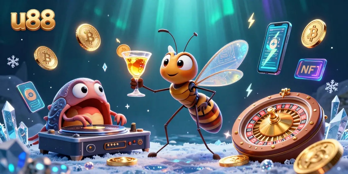 Engage with u88's vibrant casino scene featuring colorful characters and glowing gaming elements.