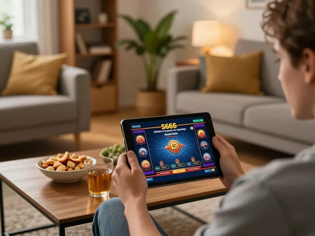 S666 app gameplay on tablet in cozy living room, showcasing casual mobile gambling.