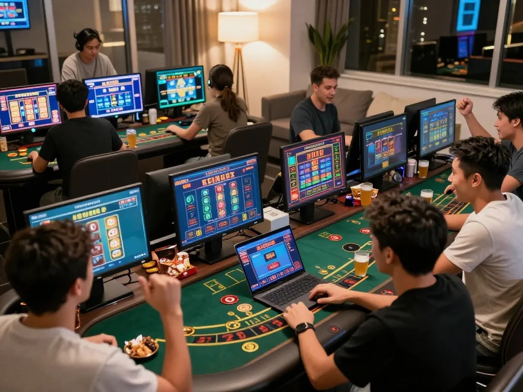 Play exciting online casino games on the SC888 platform with friends in a cozy home setting.