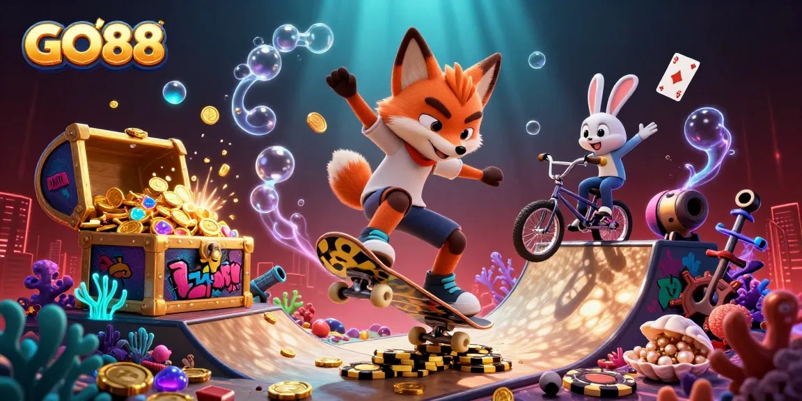 Experience GO88 with an exciting 3D scene of a fox and rabbit in a vibrant casino setting.